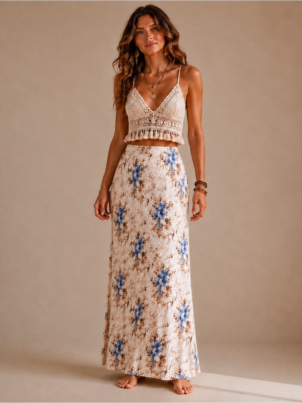 Dress-U by Sharon Women’s Floral Maxi Skirt Size M Blue Cream Lined Bohohemian